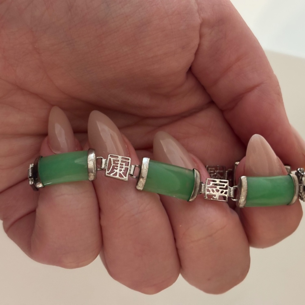 925 Silver Green Jade Fortune Lucky Linked Vintage Bracelet